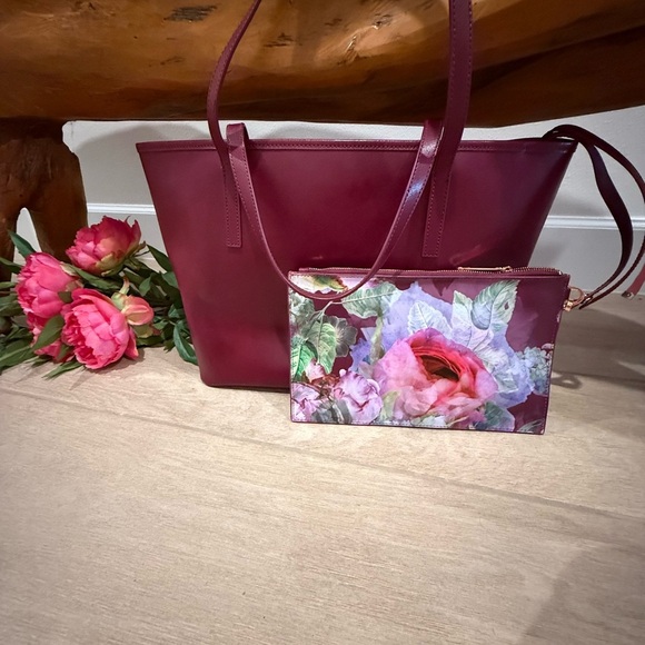 Ted Baker London Pink and Burgundy Floral Tote Bag Rose Gold Accents - Picture 2 of 16